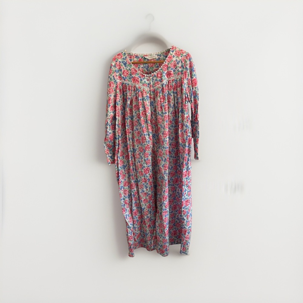 Vintage Eileen West Floral Cotton Lace Trim Long Sleeve Nightgown Gown Women's L